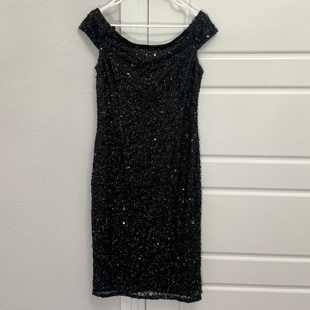 Adrianna Papell Black Sequin Off The Shoulder Black Formal Midi Dress Sz 12 - Picture 1 of 3